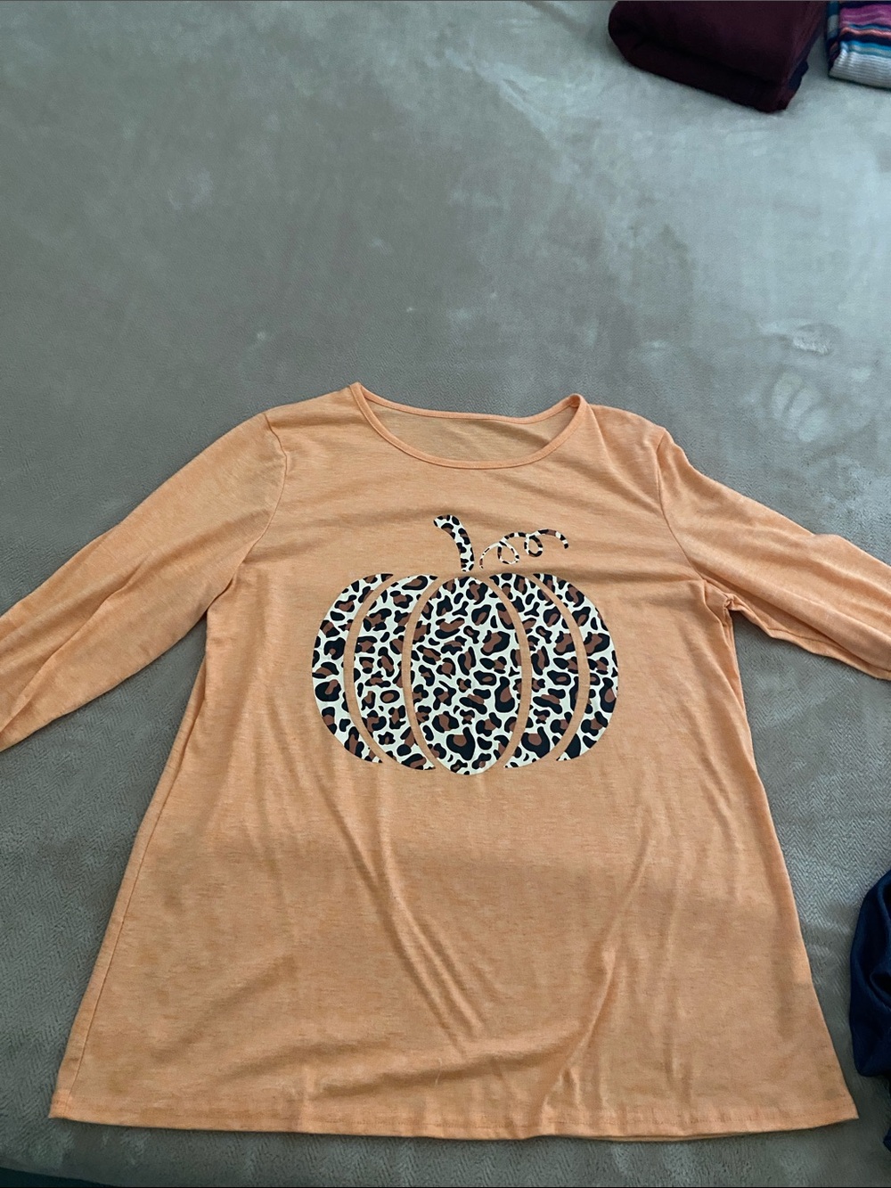 Amazon Peach Long-Sleeve Tee with Leopard Pumpkin Graphic
